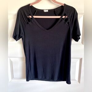 Garage Black V Neck T Shirt with Peek a Boo Cutout on Sleeve SZ S